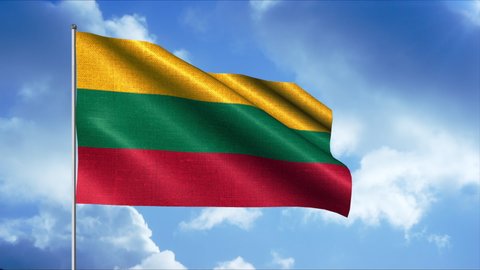Tricolor flag of Lithuania. Motion. A yellow green and red bottom flag is flying over a blue sky.