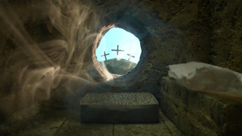 4K: Empty Tomb at Easter and the Resurrection of Jesus Christ - Wisps of Smoke, Spirit. Tracking Shot. Stock video clip footage