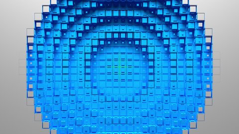 Blue voxels cut out of white screen to form circular hole reveal green chroma key and transparent background. Abstract 3D animated intro. Alpha channel ProRes 4444 in 4k UHD included, color id.