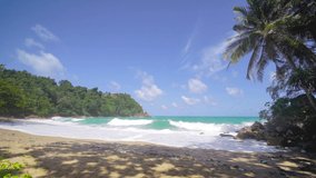Nature video Phuket Thailand Beach Sea. Scene of Landscape view of Palm at beach Beach sand on blue sea water clear and sky clear background. Camera on dolly slide. At Patong Beach, Phuket, Thailand.