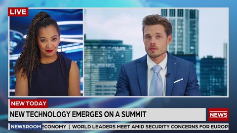 Split Screen: Two Anchors Talking TV Live News. Diverse Male and Female Presenters Discuss Business, Politics, Daily Events. Television Program on Cable Channel Playback. Luma Matte Montage