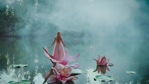 Silhouette fantasy little adult girl princess stands in huge pink flower in middle of lake. Woman like an inch, lush dress. Background nature river, green plants, dense mystical fog forest. Back view Arkivvideo