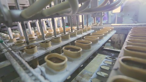 Automated production of ice cream. Automated ice cream production line. Ice cream production.