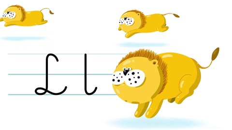 L letter writing like lion cartoon animation. A compatibile part of the alphabet serie. Handwriting educational style for children. Good for education movies, presentation, learning alphabet, etc...