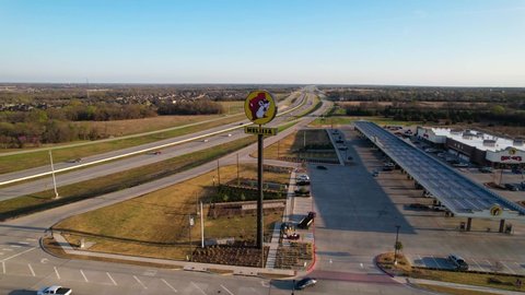 Melissa , Texas , United States - 04 02 2022: Aerial footage of the Melissa Buc-ees located in Melissa Texas.