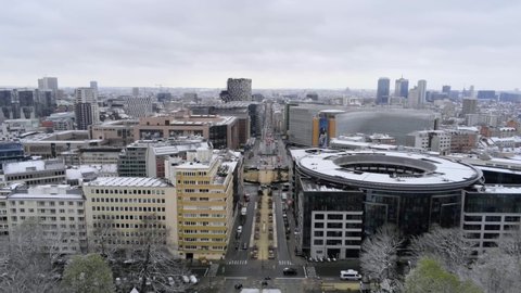 Brussels , Belgium - 04 02 2022: Aerial view of the European District on snowy winter day