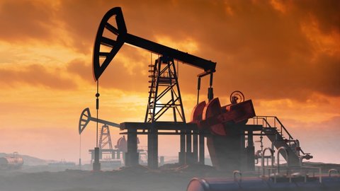 Oil pump, oil industry equipment, drilling derricks silhouettes from oil field silhouette at sunset. Energy supply crisis. 3D rendering animation