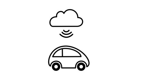 A vehicle connected to the Cloud communicates data. Animation of a car connected to the Cloud communicating data. Concept about the IoT, Internet of things and means of transport.