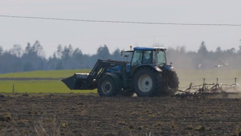 Tallinn Estonia 2021 April 02: Birds following the plow tractor in Tallinn Estonia while plowing the soil of the empty field