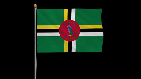 A loop video of the Dominica flag swaying in the wind from a frontal perspective.