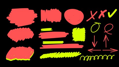 Set of animated drawn elements for text title, highlighter elements, arrows, circles, check marks and borders. 4k resolution and alpha channel.