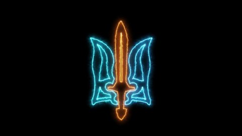 Glowing neon yellow blue line State Emblem of Ukraine icon isolated on black background. Ukrainian trident. Intro 4K video