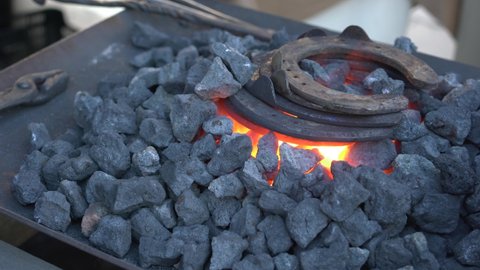 Close-up of five horseshoes on red-hot coals in a blacksmith's black charcoal furnace, hot furnace flames in a forge