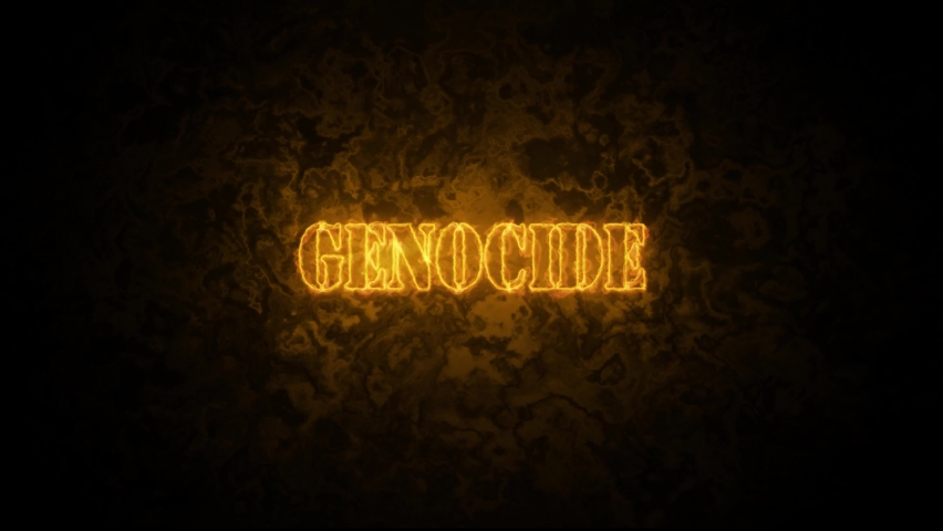 Genocide, Nazism, Nationalist, burning text on a dark background. Burning intro with enemy character text. Text for news release and