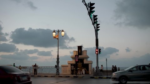 Alexandria - Egypt, 10 November 2021 : camera pan left of Stanley Bridge in Alexandria Egypt