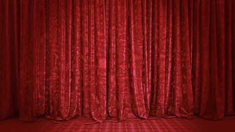 Realistic 3D animation of the stylish and cozy shining fancy textured red stage curtain with red silk carpet floor rendered in UHD with alpha matte