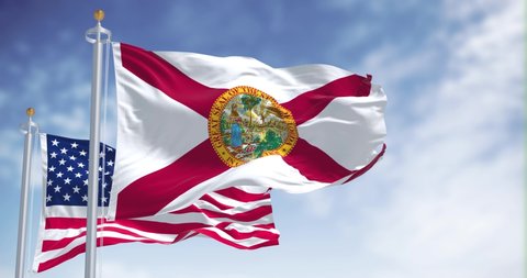 The Florida state flag waving along with the national flag of the United States of America. In the background there is a clear sky. Seamless loop in 4K