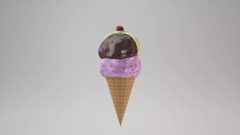 3D melting ice cream with waffle cone,multiple flavor, 4K seamless loop render animation