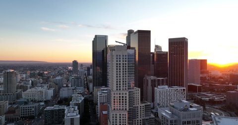Downtown of Los Angeles California. Los Angels, California, USA downtown cityscape with skyscrapers. Flmed LA by drone.
