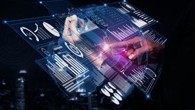 Big Data Technology for Business Finance Analytic conceptual. Modern graphic interface shows massive information of business sale report, profit chart and stock market analysis on screen monitor. - Powered by Shutterstock - Get 15% off with code: PIKWIZARD15