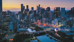 Aerial hyperlapse, dronelapse video of Melbourne city at night