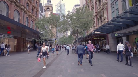Sydney, Australia - Mar 23, 2022: Slow motion video of people at Pitt Street Mall in Sydney CBD