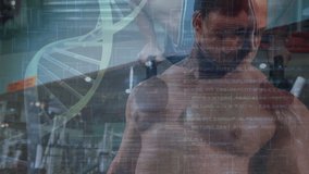 Animation of medical data processing over fit caucasian men. global sports, fitness, connections and technology concept digitally generated video.