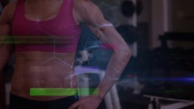 Animation of medical data processing over fit caucasian women. global sports, fitness, connections and technology concept digitally generated video.
