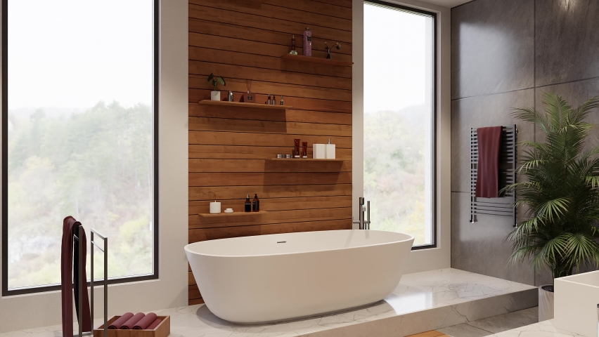 Contemporary interior design of the bathroom. Stylish interior of the Bathtub-bath room. 3d visualization Royalty-Free Stock Footage #1089173369