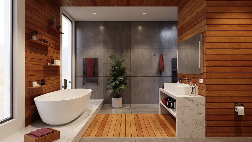 Bathroom Interior With Bathtub And Beautiful Bathroom Design Royalty-Free Stock Footage #1089173393