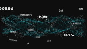 Animation of numbers and waves on black background. data processing and technology concept digitally generated video.