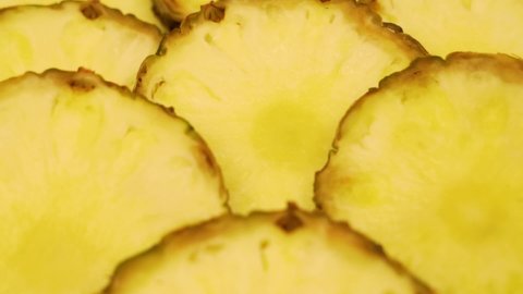 Slices of Sliced Pineapple, Fruit, Macro. Background from Juicy Pineapple Slices. Yellow Tropical Fruit Pineapple Pieces Isolated. Healthy Vitamin Food and Pineapple Diet for Weight Loss.