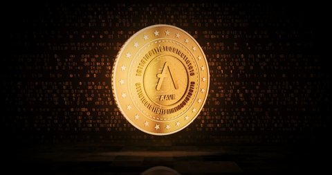 Aave, altcoin cryptocurrency gold coin on loopable digital background. 3D seamless loop concept. Rotating golden metal looping abstract animation.