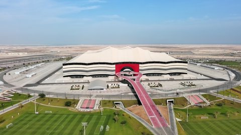 AL KHOR, QATAR - 2022: Aerial view of Al Bayt Stadium, modern football (soccer) stadium for FIFA World Cup 2022.