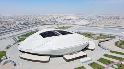 AL WAKRAH, QATAR - 2022: Aerial view of Al Janoub Stadium, modern football (soccer) stadium for FIFA World Cup 2022.