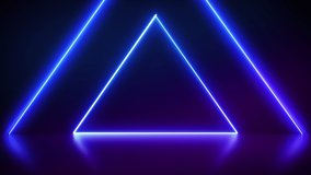 Neon triangular portal on abstract fashion background, glowing lines, triangle, Virtual reality, violet neon lights, Laser show. Motion graphics. 4K video.