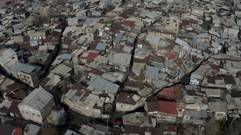 Aerial view center of Yerevan, Armenia. Kond  is one of the oldest quarters of Yerevan. Drone fly over small, old,  next to each other on the roofs of houses.
