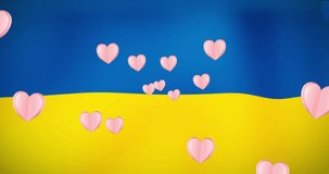 Animation of hearts floating over flag of ukraine. ukraine crisis and international politics concept digitally generated video.