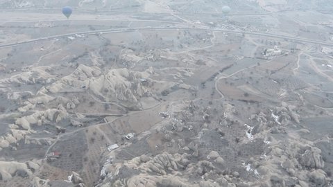 Aerial video shooting landscapes of Cappadocia, Turkey. Valley if Cappadocia. Top view