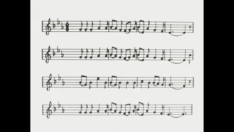 1960s: variety of musical notes on 4 staves with clefs, flats, time signature, staves, clefs, flats and time signature all briefly disappear, leaving just the notes, then reappear
