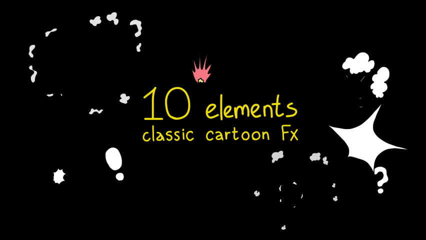 Collection of classic cartoon FX effects in 2d. 10 elements.Question mark, exclamation mark, flash, span, smoke, blow, multicolored glitter, steam, stars, sparks. Transparent background and alpha chan
