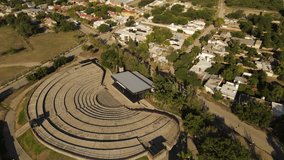 Modern amphitheater with backstage at Villa Maria in Cordoba city, Argentina. Aerial drone view