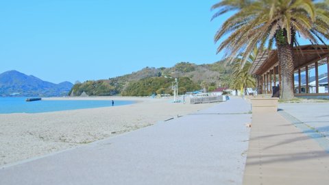 Beach with palm trees and blue sky. Seto Inland Sea Beach