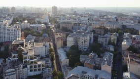 Aerial top view of urban cityscape in the summer. Kiev the capital of Ukraine from a birds eye view shooting with a drone.