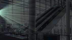 Animation of clock moving over hall with escalators. business, working in office and time concept digitally generated video.
