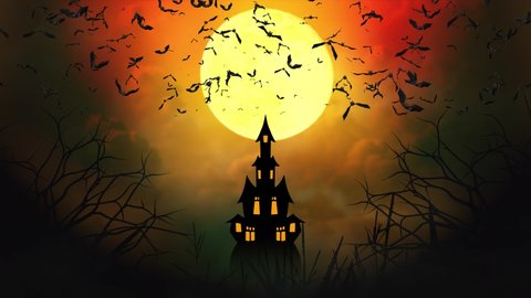 4K Flying bats Halloween bright full moon and old castle silhouette. scary house at dark night Backgrounds. horror, Halloween, grunge, fairy-tale, fantasy, magic dramatic, spooky and scary background