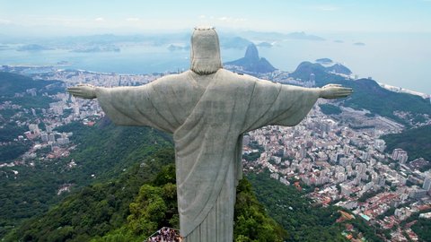 Rio de Janeiro, Rio de Janeiro, Brazil - 04.01.2022 - Panoramic view of Christ the Redeemer postcard at downtown Rio de Janeiro Brazil. Christ the Redeemer at Corcovado Mountain. Christ the Redeemer.