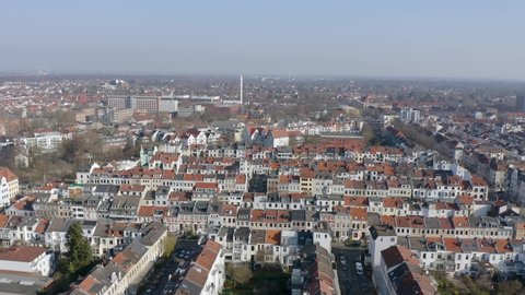 Bremen, Germany - March 2022: Aerial cityscape of Östliche Vorstadt and Weserstadion, home stadium of 2. Bundesliga football club SV Werder Bremen.