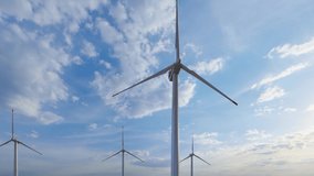 4K Ultra Hd. Wind turbines in sea and sunset sky, renewable energy. 3D Animation Video.
