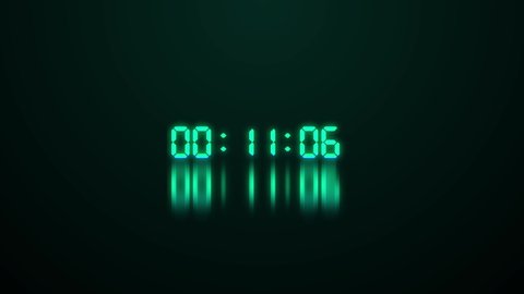 Glowing led timecode readout with green digits and reflection of digits on surfaceon black background. 3D render